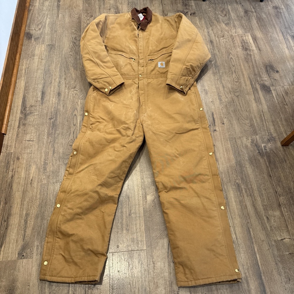 Vintage Carhartt X01 BRN Quilt Insulated Duck Coveralls with Hood Sz 48 Regular